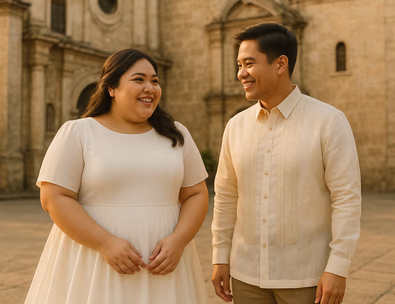 Young Filipino couple outside a church the bride in a supportive A line gown with breathable fabric and a modest neckline the groom in a barong soft warm light