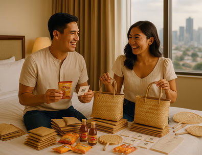 Young Filipino couple assembling welcome bags with reusable bayong totes snacks and fans in a hotel room