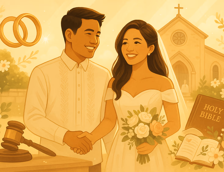 Joyful engaged Filipino couple in a church courtyard with wedding symbols, representing hope and preparation for marriage.