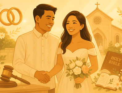 Joyful engaged Filipino couple in a church courtyard with wedding symbols, representing hope and preparation for marriage.
