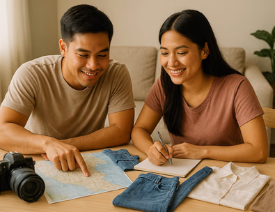 Young Filipino couple reviewing a pre nup plan with maps outfits and a camera on a sunlit table