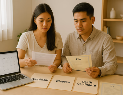 Young Filipino couple sorting annulment divorce or death certificate papers with PSA docs