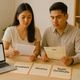Young Filipino couple sorting annulment divorce or death certificate papers with PSA docs