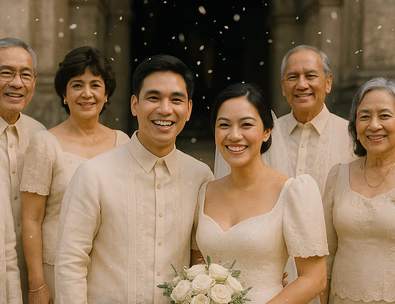 Young Filipino couple with principal sponsors outside a church smiling after signing the marriage contract