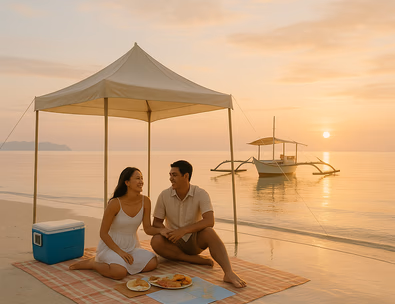 Young Filipino couple on a sunrise sandbar with a shaded picnic setup and an outrigger anchored in calm shallow water