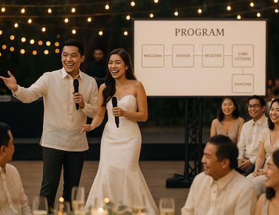 Young Filipino couple guiding a lively program with a timeline on screen and cheering guests