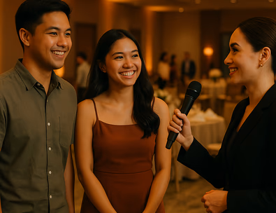 Young Filipino couple interviewing a wedding emcee during a venue walkthrough with warm uplights and guests arriving