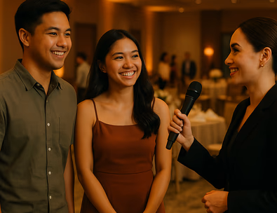 Young Filipino couple interviewing a wedding emcee during a venue walkthrough with warm uplights and guests arriving