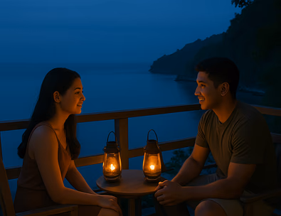 Young Filipino couple on a secluded headland veranda at blue hour with lanterns low and a calm bay below