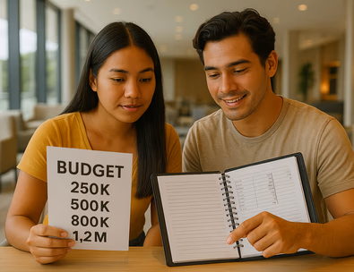 Young Filipino couple reviewing ring binder pages labeled 250k 500k 800k and 1.2M while a planner explains options at a hotel lounge