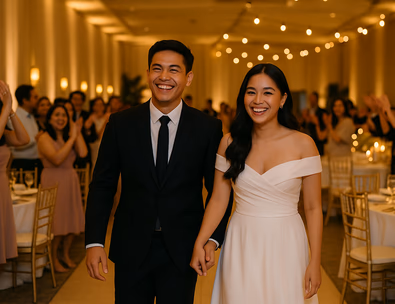 Young Filipino couple entering the reception with guests cheering and warm lights glowing