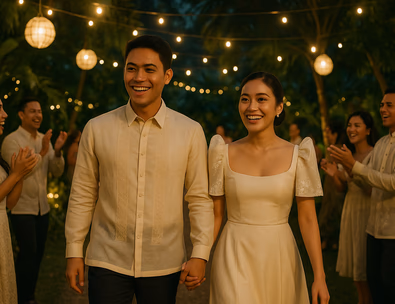 Young Filipino couple making a grand entrance under fairy lights with family cheering tropical florals and modern Filipiniana details