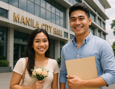 Young Filipino couple outside Manila city hall ready for a civil wedding
