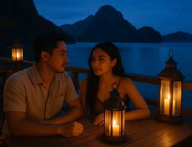 Young Filipino couple on a candlelit cliff deck in El Nido at blue hour with lagoon horizon and limestone cliffs