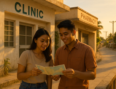 Young Filipino couple outside a small island clinic at golden hour with a calm street and pharmacy sign nearby