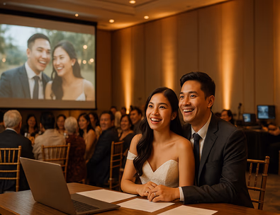 Young Filipino couple watching their SDE on a ballroom screen with guests emotional and lights dimmed