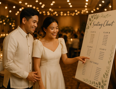 Young Filipino couple checking a seating chart at a warmly lit reception hall