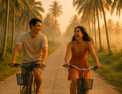 Young Filipino couple biking the Siargao coconut road at sunrise with long palm shadows and pastel sky