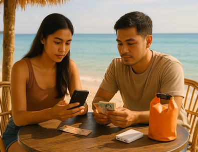 Young Filipino couple at a beachside table activating an eSIM on a phone while organizing mixed peso bills and a small dry bag