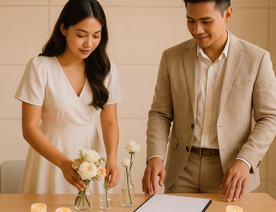 Young Filipino couple styling a simple signing table with bouquet bud vases and LED candles