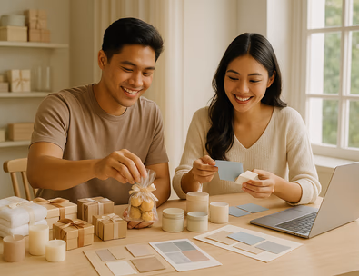 Young Filipino couple choosing edible treats towels and candles for wedding favors at a studio table with packaging samples
