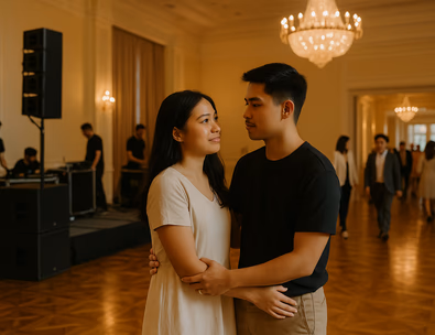 Young Filipino couple doing a quick soundcheck with wireless mics under warm uplights as guests arrive