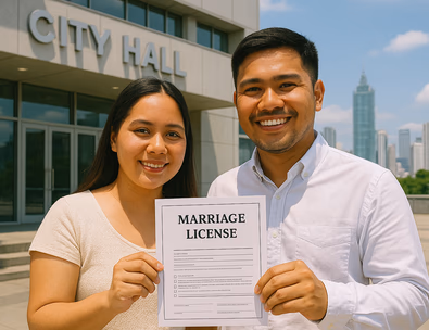 Young Filipino couple outside city hall holding a marriage license