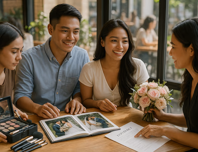 Couple meeting suppliers at a cafe reviewing samples and contracts