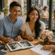 Couple meeting suppliers at a cafe reviewing samples and contracts