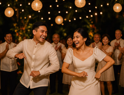 Young Filipino couple mid surprise dance with cheering titos and titas warm lighting capiz lanterns and tropical greenery at a night reception