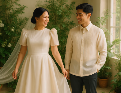 Young Filipino couple in a garden courtyard bride in a modern Filipiniana gown with modular overskirt and subtle piña sheen groom in a barong soft daylight sustainable mood