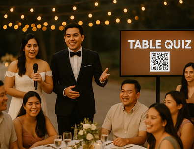 Young Filipino couple hosting a table quiz with a QR code on the LED screen