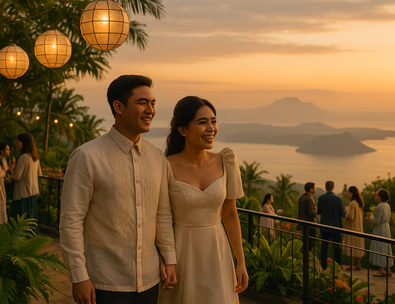 Young Filipino couple on a Tagaytay ridge terrace at sunset overlooking Taal Lake warm string lights and guests in coats enjoying the cool breeze