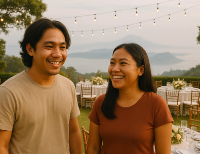 Young Filipino couple touring a Tagaytay garden venue with misty ridge views and an elegant outdoor reception setup