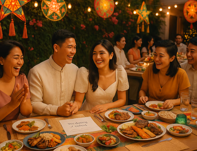 Filipino wedding reception with family and friends celebrating, colorful traditional decor, and lively, joyful atmosphere.
