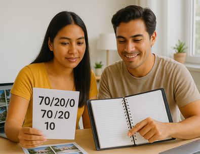 Young Filipino couple with a planner reviewing a 70 20 10 budget chart and venue photos at a cafe