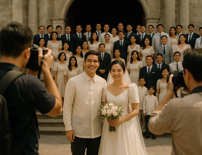Young Filipino couple surrounded by their entourage on church steps as photographers compose a wide group after the ceremony