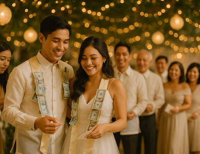 Young Filipino couple dancing the Money Dance while guests line up under warm lights