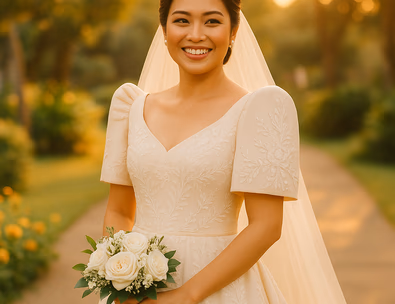 Filipina bride in a traditional Filipiniana gown standing in a garden, representing elegance and cultural pride.