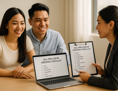 Couple and planner reviewing an all-inclusive wedding checklist in a Manila office.