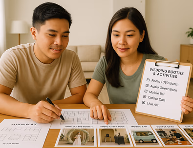 Young Filipino couple planning wedding booths and activities with checklists, floor plan, and sample designs on a table.