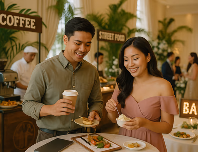 Young Filipino couple sampling wedding food carts and stations at a reception in the Philippines