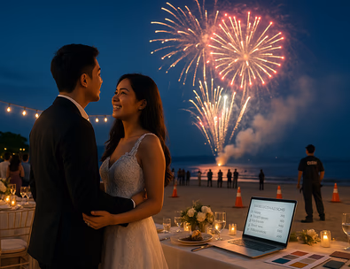 Young Filipino couple at a seaside wedding with fireworks safely launched behind crowd control barriers