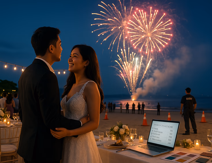Young Filipino couple at a seaside wedding with fireworks safely launched behind crowd control barriers