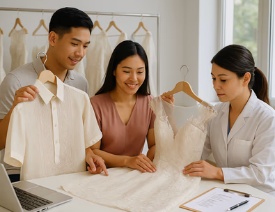 Young Filipino couple consulting garment care specialist about wedding gown and piña barong in Manila atelier