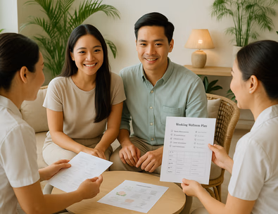 Young Filipino couple meeting a wellness team in a tropical spa lounge