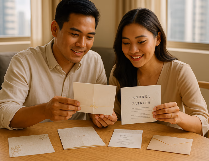 Young Filipino couple reviewing a full wedding invitation suite with capiz and vellum details on a wooden table