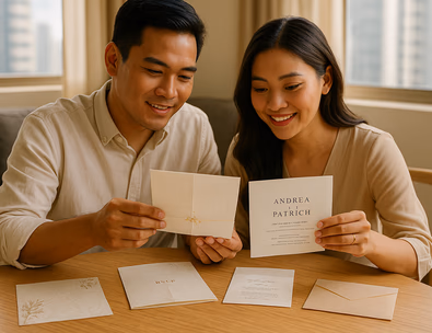 Young Filipino couple reviewing a full wedding invitation suite with capiz and vellum details on a wooden table