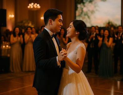 Young Filipino couple first dance with warm lighting speakers and LED wall at Manila wedding reception
