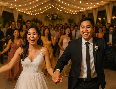 Young Filipino couple dancing with live band and DJ at a wedding reception in the Philippines wide shot with warm string lights